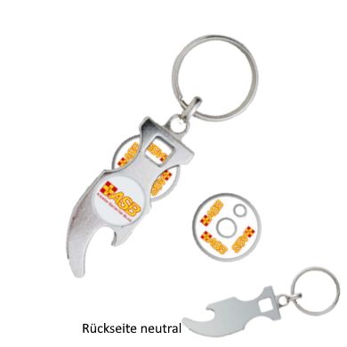 Metall-Schlüsselanhänger mit ASB-Einkaufschip, integriertem Flaschenöffner und neutraler Rückseite;…