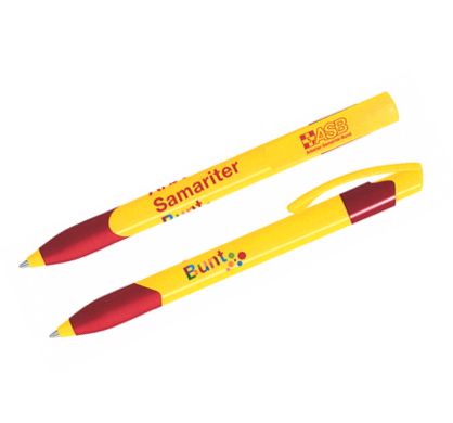Zwei gelbe Kugelschreiber mit rotem Clip und Griff, ASB-Logo sowie Aufdruck „Samariter Bunt“ mit bunten Punkten.