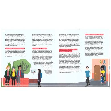 Illustration: Jugendliche unterhalten sich an einer Mauer, eine Person geht vorbei; rechts Eltern mit Kind vor Kita-Gebäude.