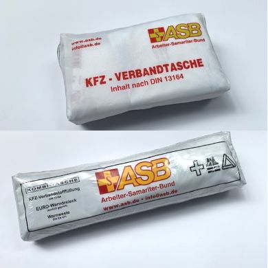 94605_6_Kfz_Verbandtaschen Zwei weiße KFZ-Verbandtaschen mit ASB-Logo, roter Aufschrift und Symbolen, Inhalt nach DIN 13164, Kombitasche mit Warndreieck.